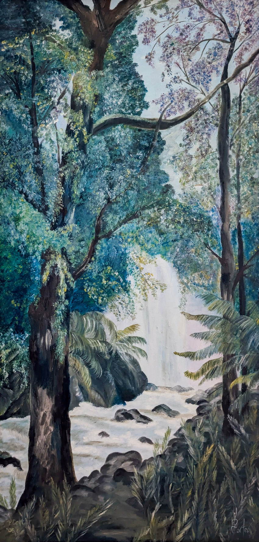 A waterfall dropping into a stream which runs through a forest.