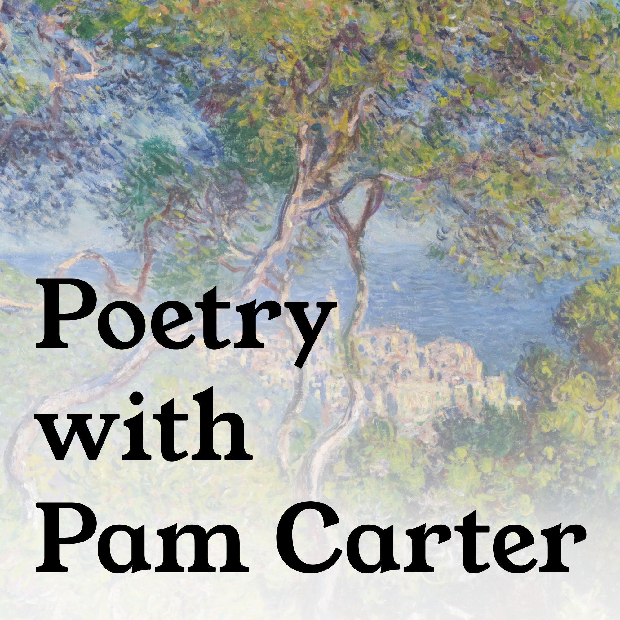 The text 'Poetry with Pam Carter' over a painting of trees overlooking a water-side city.